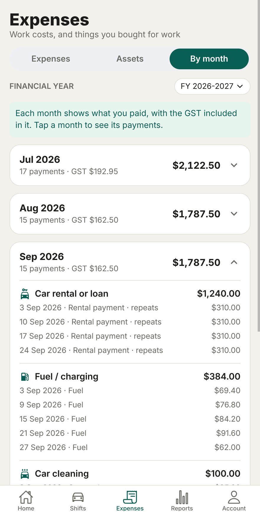 Expenses by month with payments grouped by kind